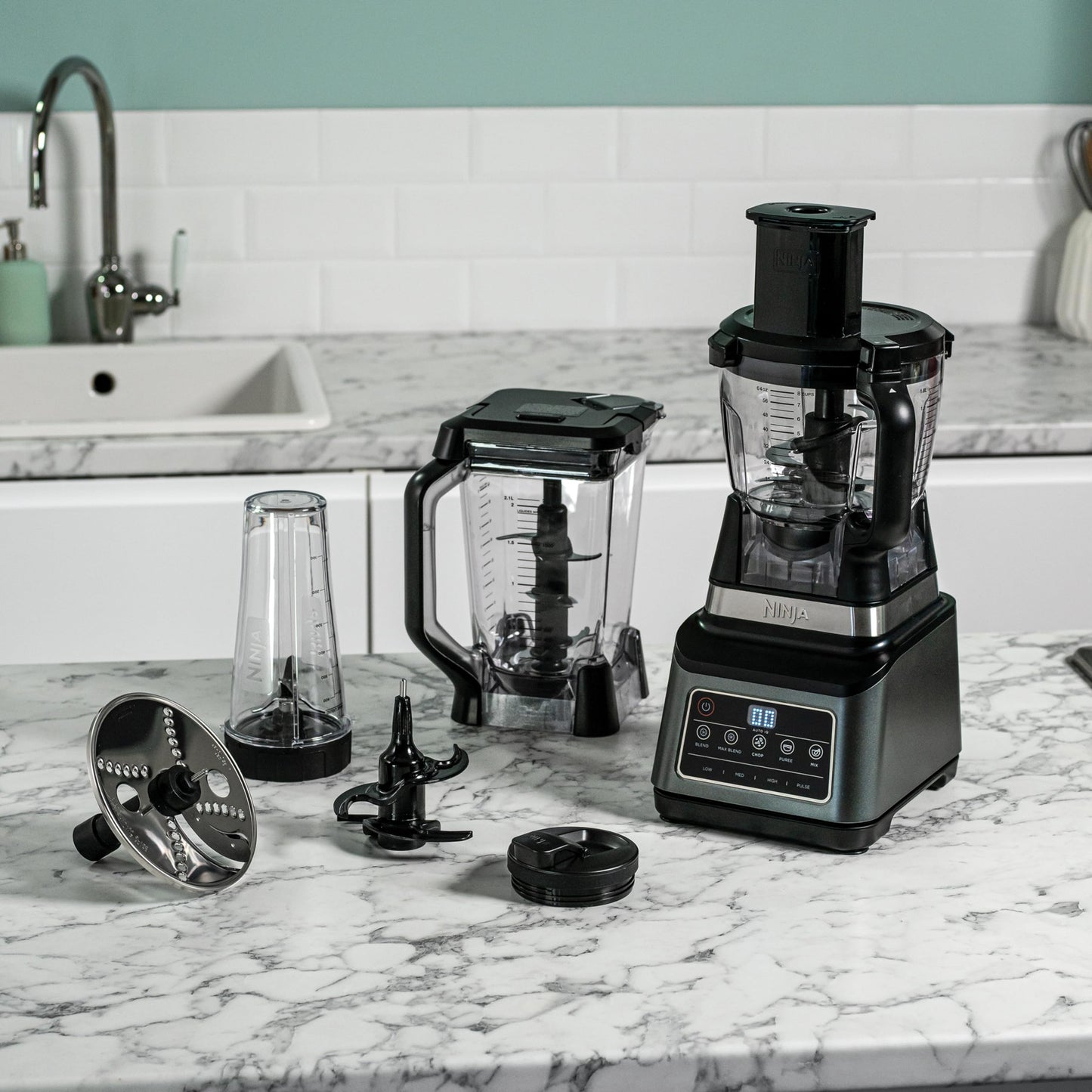 Ninja 3-in-1 Food Processor & Blender with 5 Automatic Programs: Blend, Max Blend, Chop, Mix, Puree, 1.8L Bowl, 2.1L Jug, 700ml Cup, 1200W, Dishwasher Safe Parts, Auto-iQ, Black BN800UK