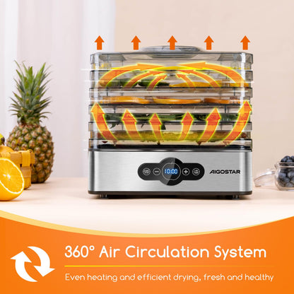 Aigostar 5 Tier Food Dehydrator, 240W Food Dryer Machine with 99 H-Timer, 35-70℃ Temperature Adjustable and LED Display for Drying Fruit, Meat, Vegetable, Jerky and Pet Treat, BPA Free - Crispy 12YXA