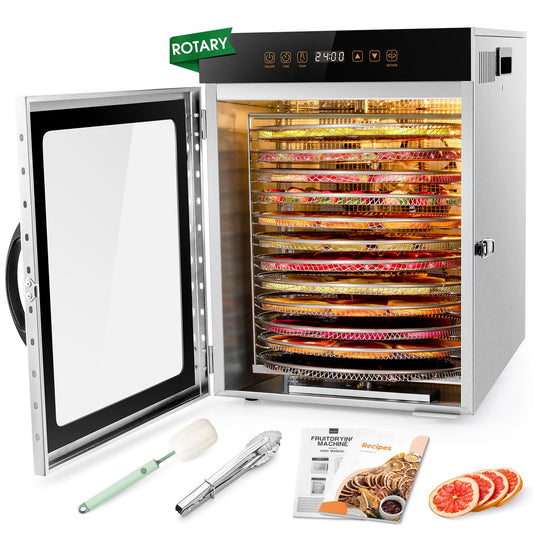 Kwasyo 12 Trays Stainless Steel Rotate Food Dehydrator, Dual fan 720° Efficient Drying, 24H Adjustable Timer & 30-90℃ Temperature Control, Dehydrator Food Dyer uk for meat fruit, 1000W