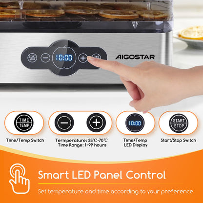 Aigostar 5 Tier Food Dehydrator, 240W Food Dryer Machine with 99 H-Timer, 35-70℃ Temperature Adjustable and LED Display for Drying Fruit, Meat, Vegetable, Jerky and Pet Treat, BPA Free - Crispy 12YXA