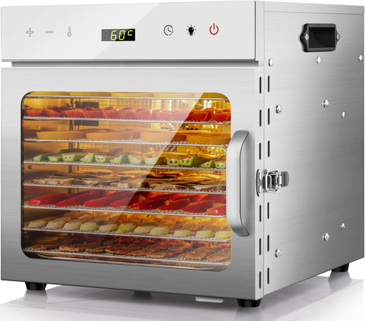 Kwasyo Stainless Steel Food Dehydrator, 8 Tray Fruit Dryer Machine with Free Recipe Book, BPA-Free, 30~90℃ Temperature Setting, Max 24h, Dehydrator Food Dryer UK for Vegetables, Meats